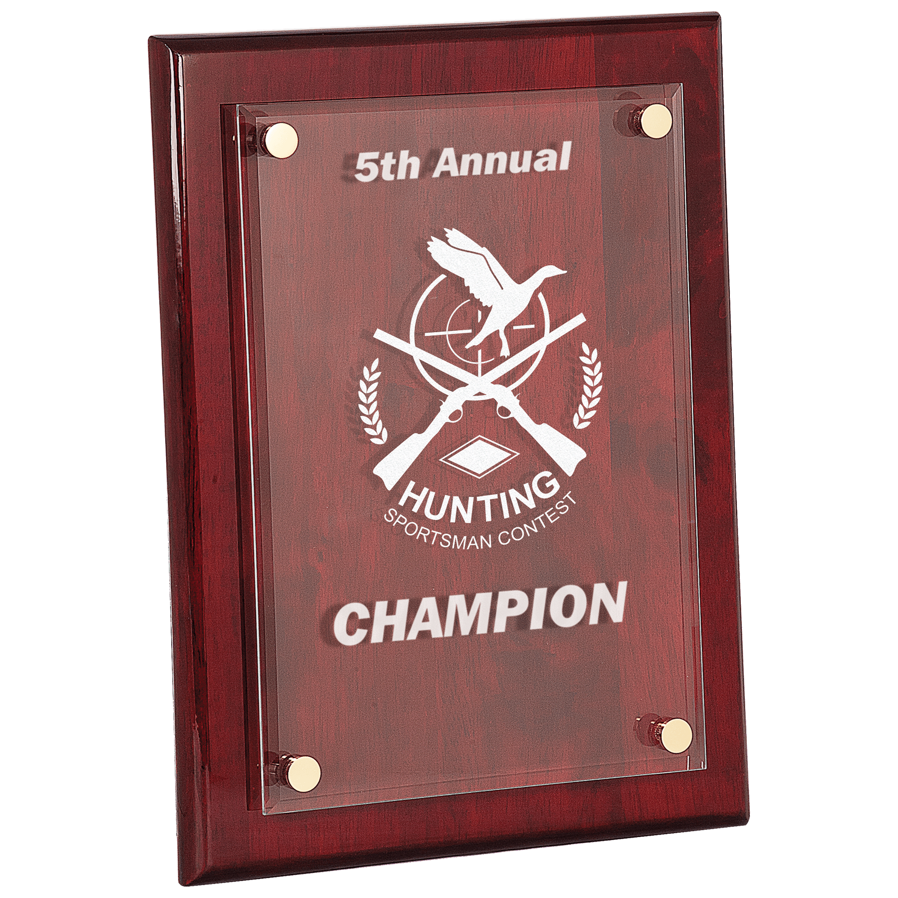Plaque with '5th Annual Hunting Sportsman Contest Champion' text and logo on a white background