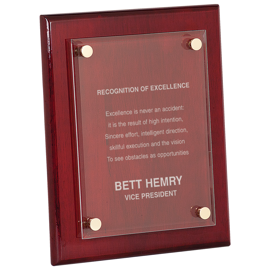 A recognition of excellence plaque with a wooden frame on a white background