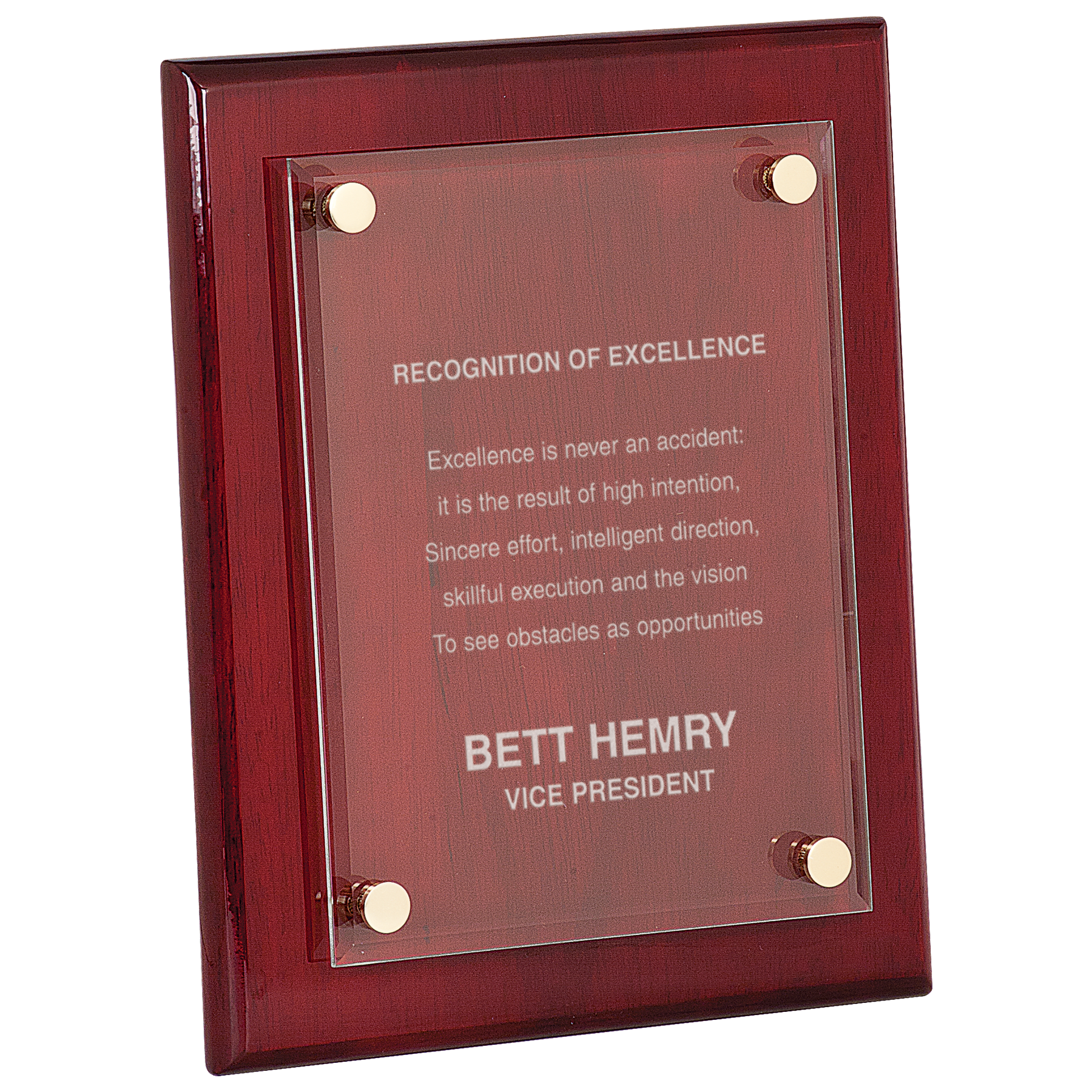 A recognition of excellence plaque with a wooden frame on a white background