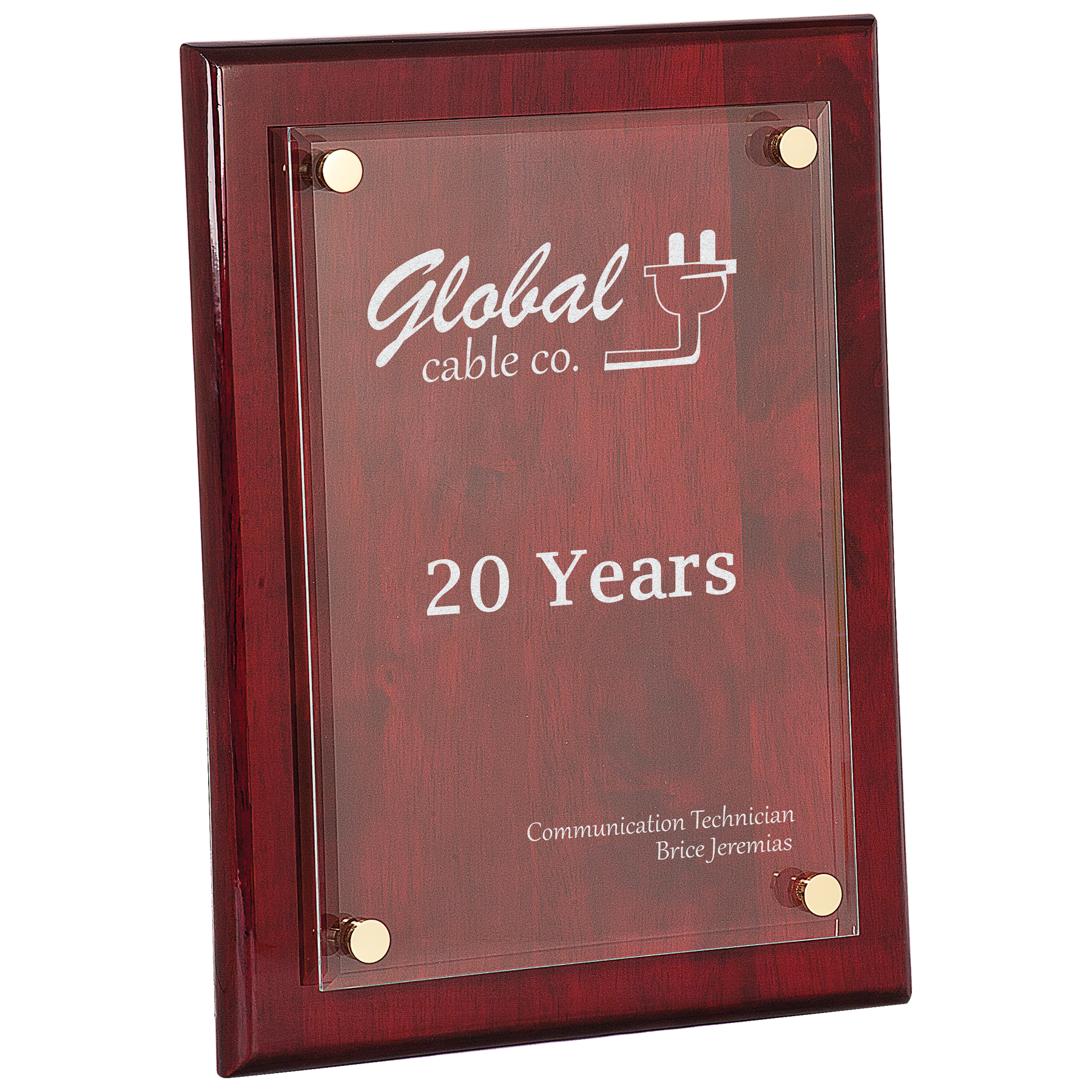 A framed award plaque with 'Global Cable Co.' logo and '20 Years' text on a white background.