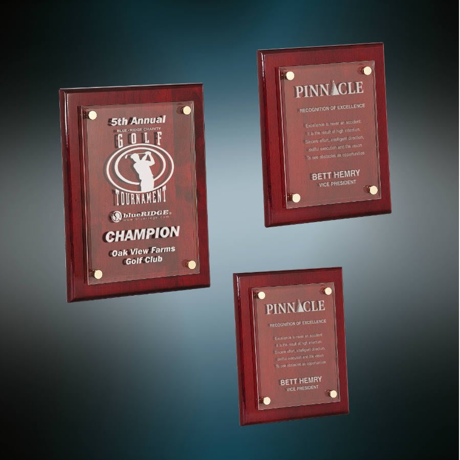 Three wooden plaques with engraved text and logos on a gradient blue background