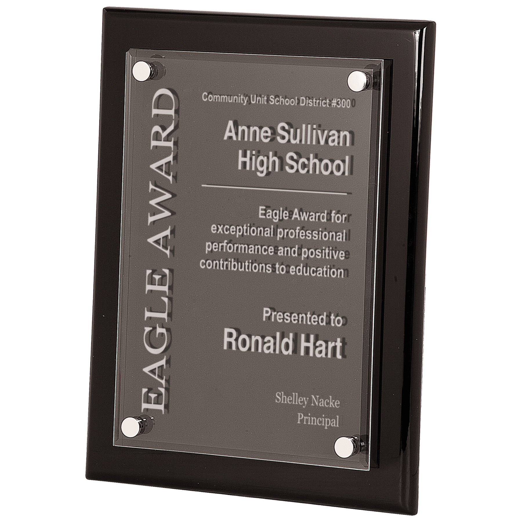 Plaque for Anne Sullivan High School's Eagle Award for Ronald Hart