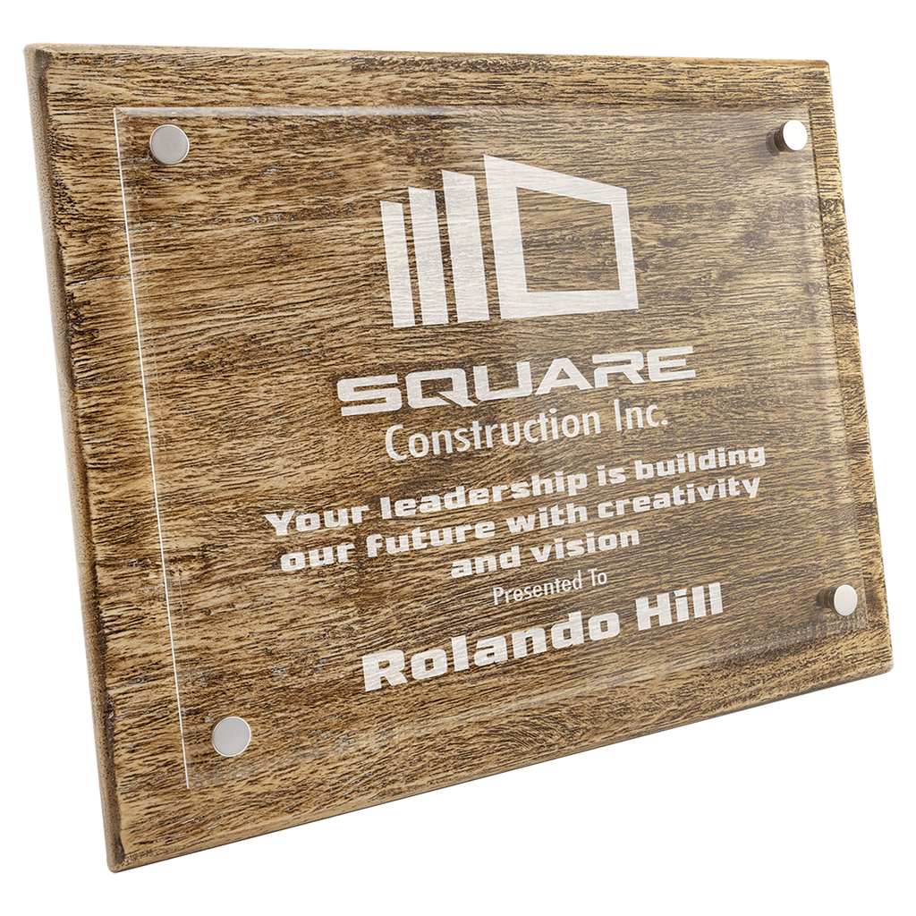 Wooden plaque with engraved text and logo, presented to Rolando Hill by Square Construction Inc. 10.5" x 13" size