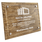 Wooden plaque with engraved text and logo, presented to Rolando Hill by Square Construction Inc. 10.5" x 13" size