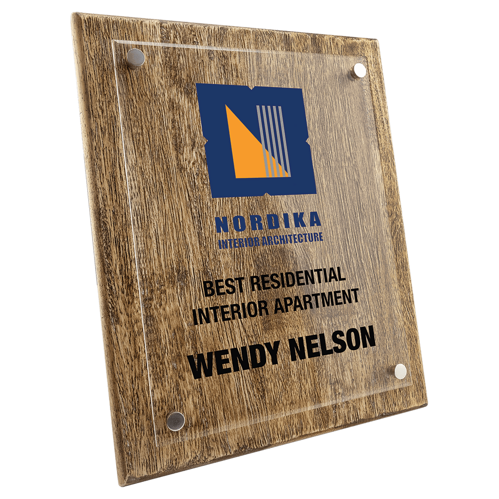 Wooden plaque with Nordika logo and text on a clear background 10.5" x 13" size