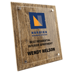 Wooden plaque with Nordika logo and text on a clear background 10.5" x 13" size