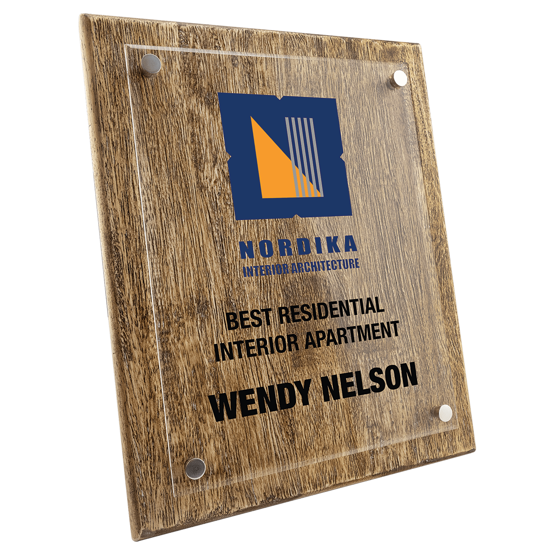 Wooden plaque with Nordika logo and text on a clear background 10.5" x 13" size