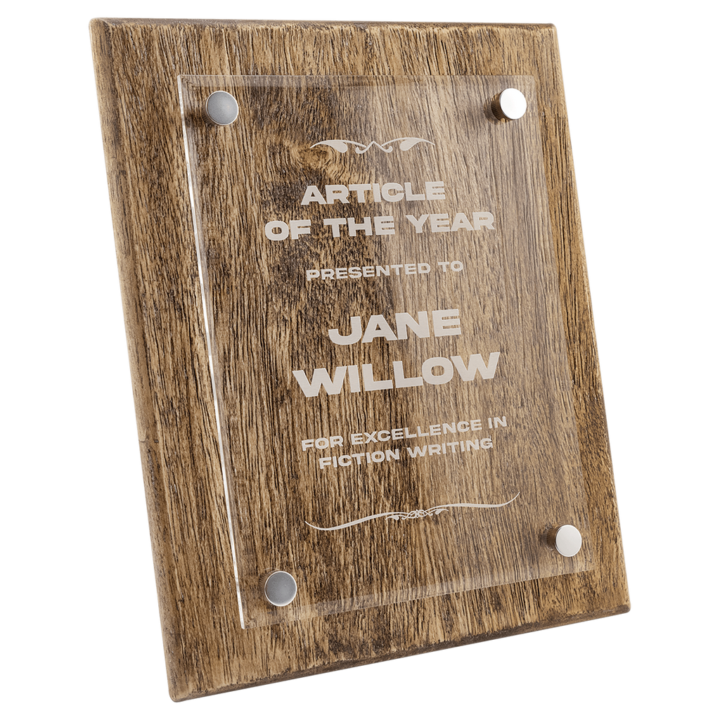 Wooden plaque with engraved text on a white background
