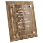 Wooden plaque with engraved text on a white background
