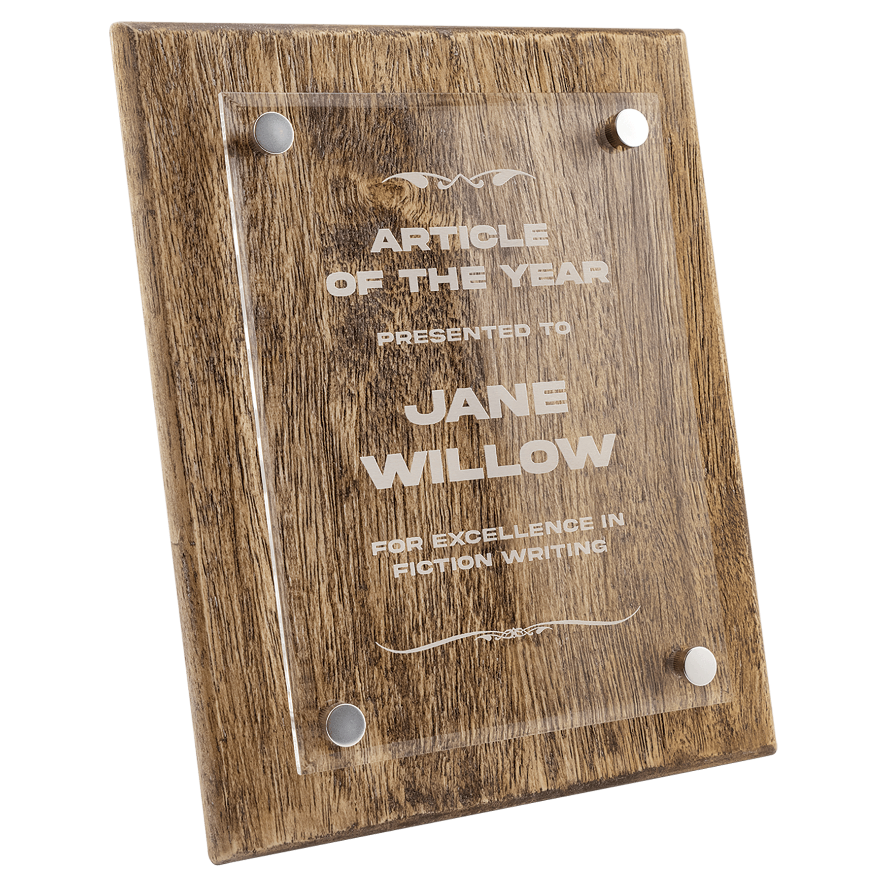 Wooden plaque with engraved text on a white background