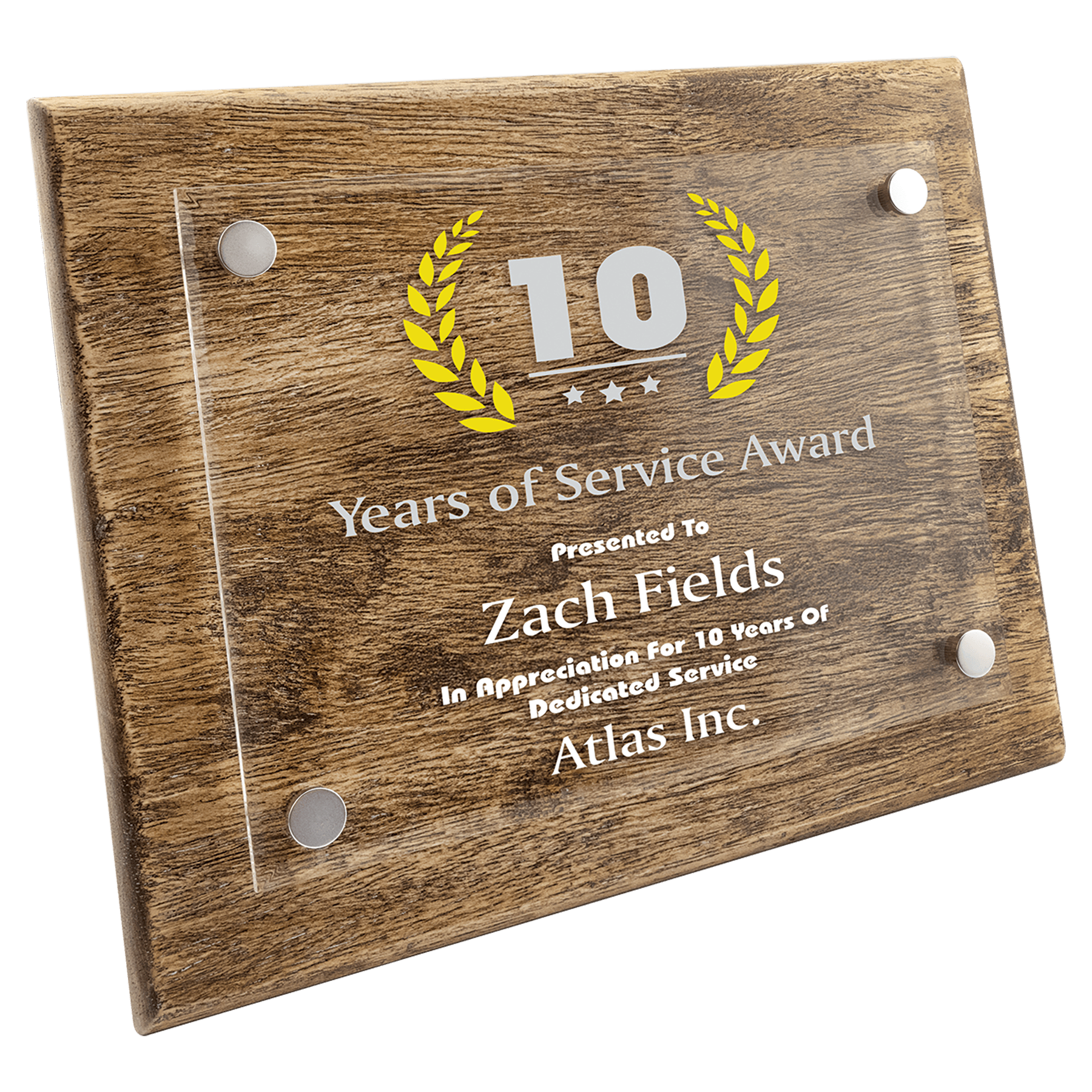 Wooden plaque with '10 Years of Service Award' for Zach Fields at Atlas Inc.