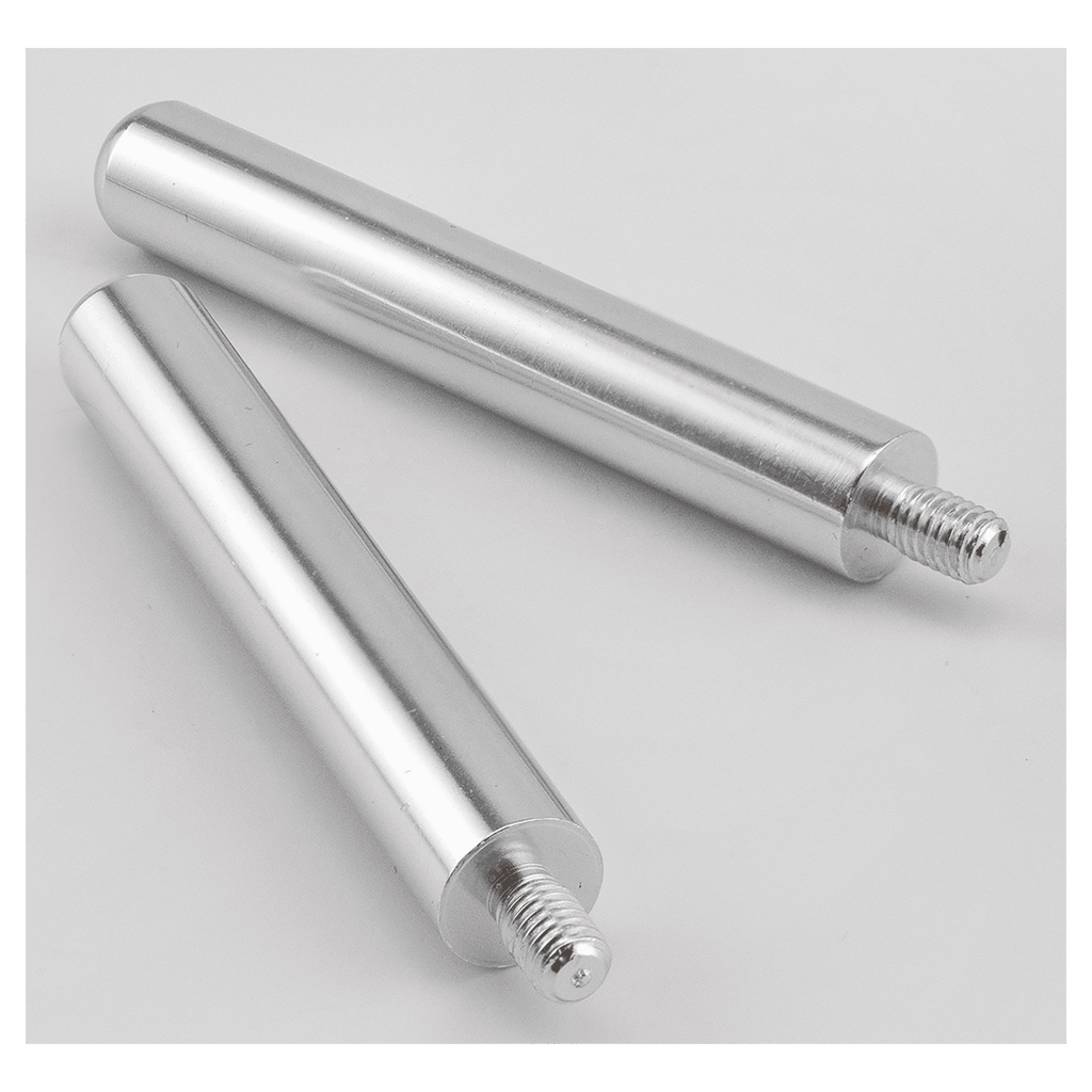 Two metallic cylindrical objects with threaded ends on a light gray background