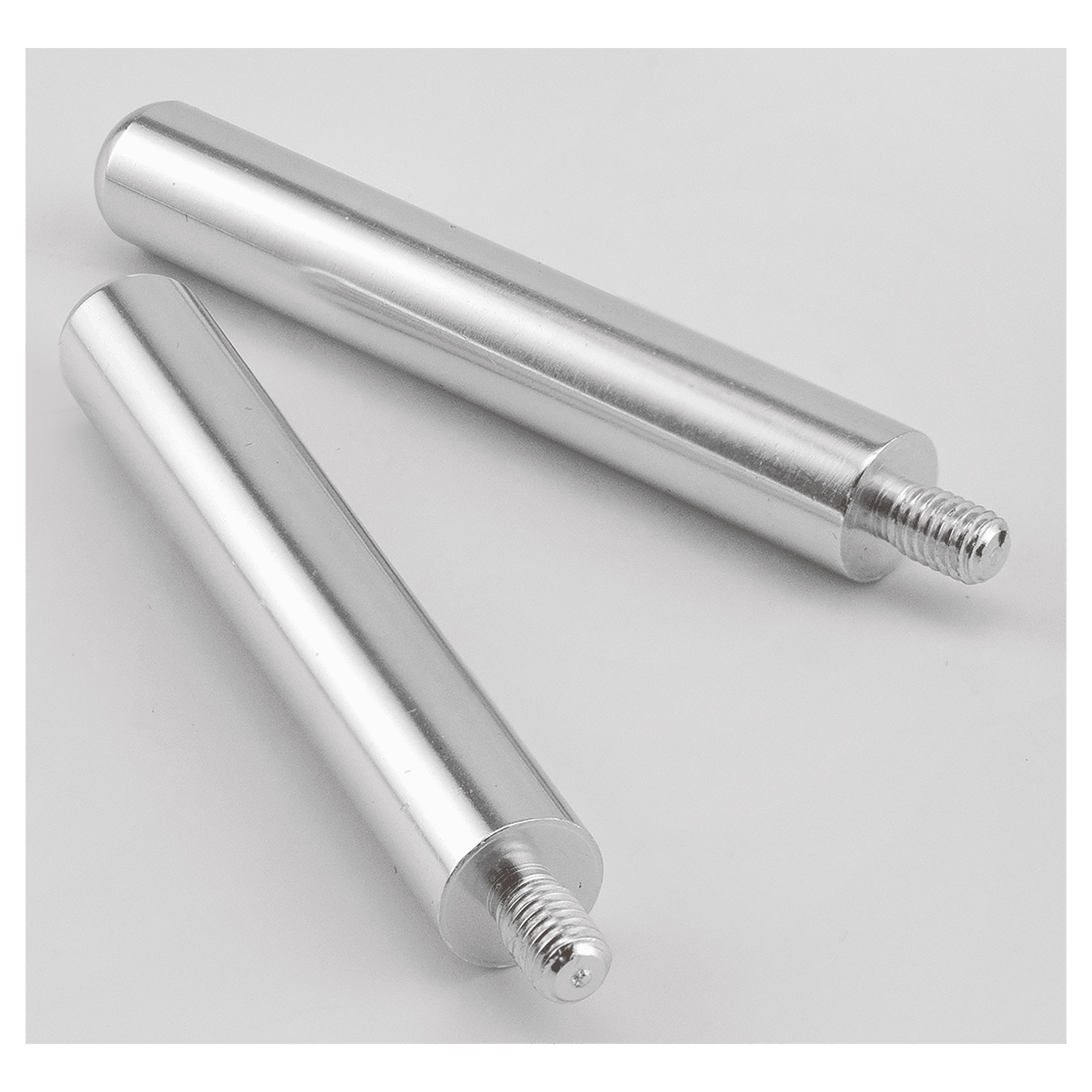 Two metallic cylindrical objects with threaded ends on a light gray background