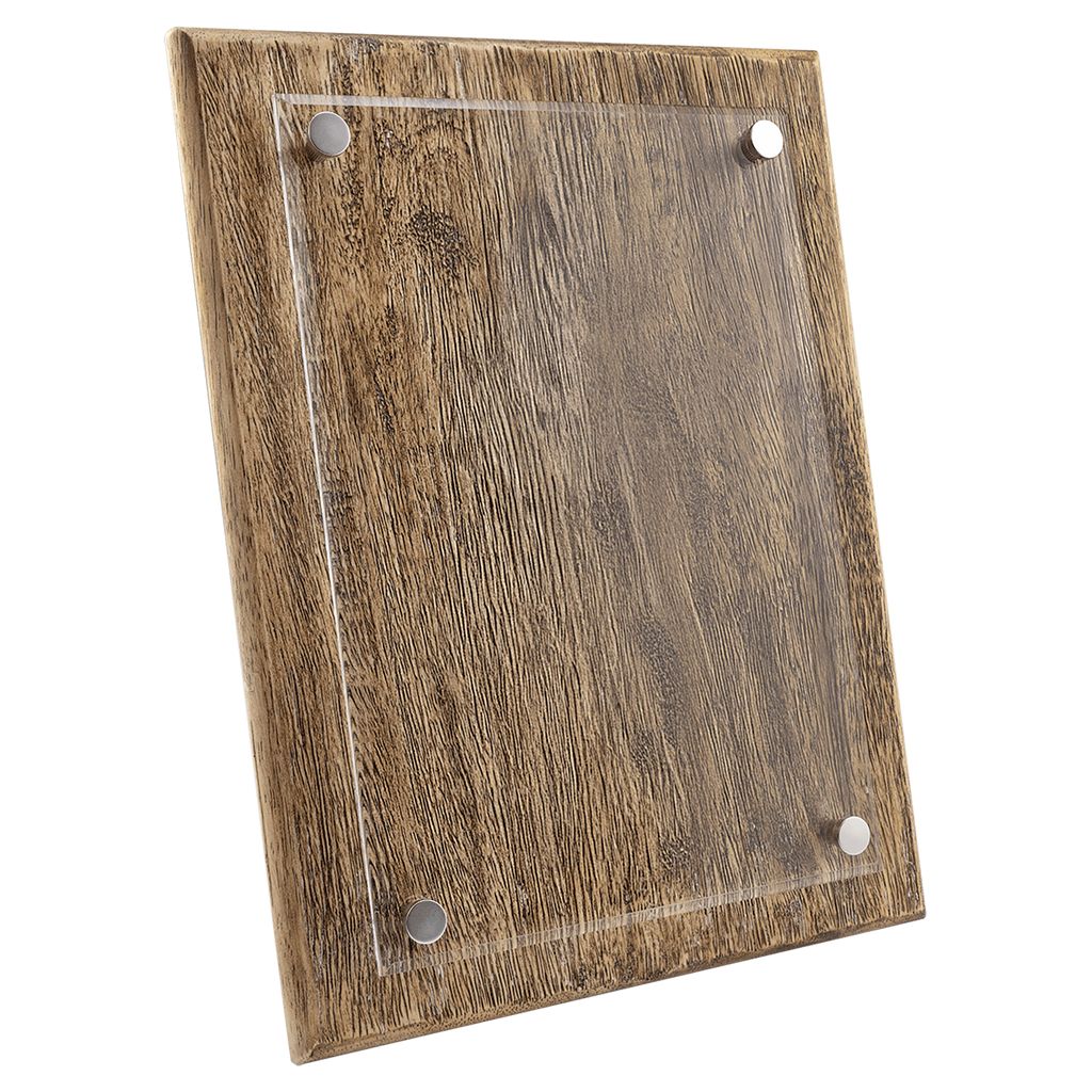 Wooden sign with clear acrylic front and metal fasteners on a white background