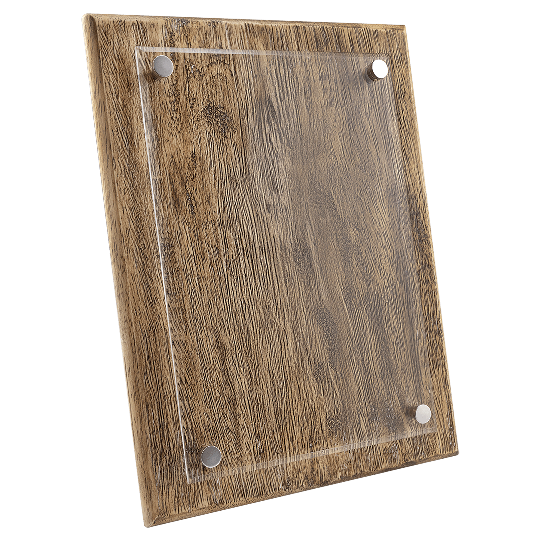 Wooden sign with clear acrylic front and metal fasteners on a white background