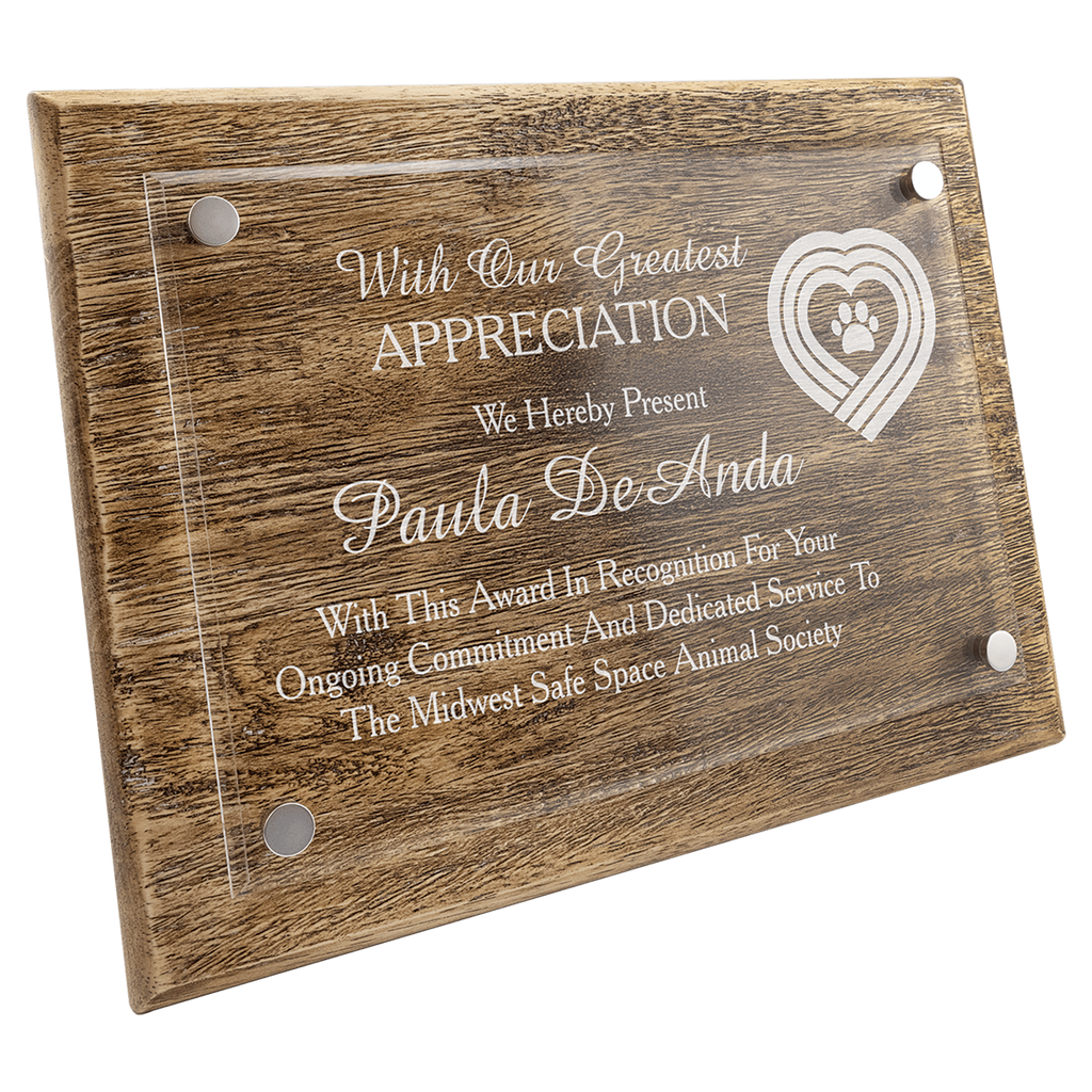 Wooden plaque with engraved text and a heart with paw print design on a white background 8" x 10 size