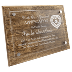 Wooden plaque with engraved text and a heart with paw print design on a white background 8" x 10 size