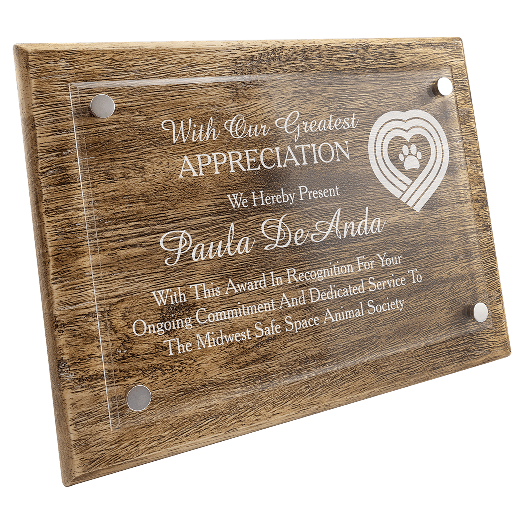 Wooden plaque with engraved text and a heart with paw print design on a white background 8" x 10 size