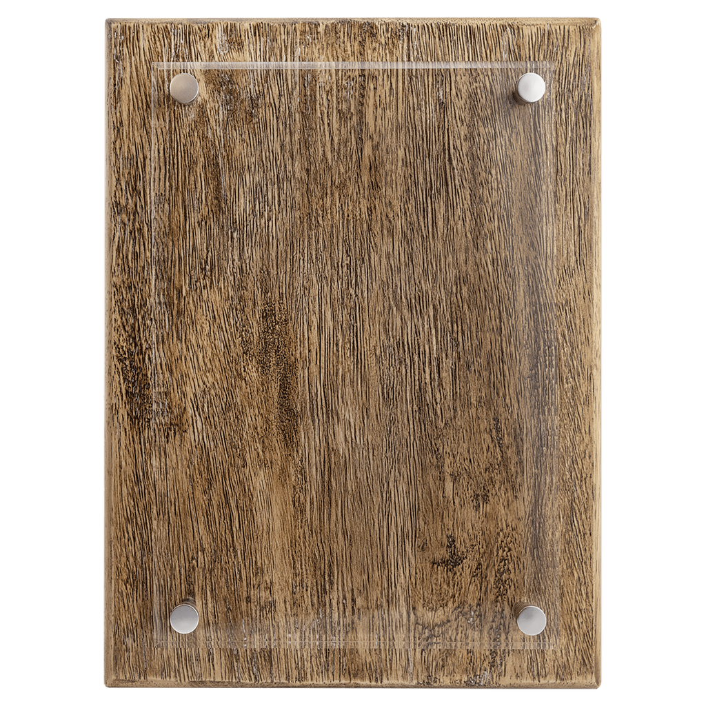 Wooden plaque with glass front and metal fasteners on a white background