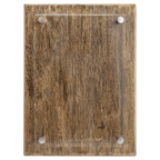 Wooden plaque with glass front and metal fasteners on a white background