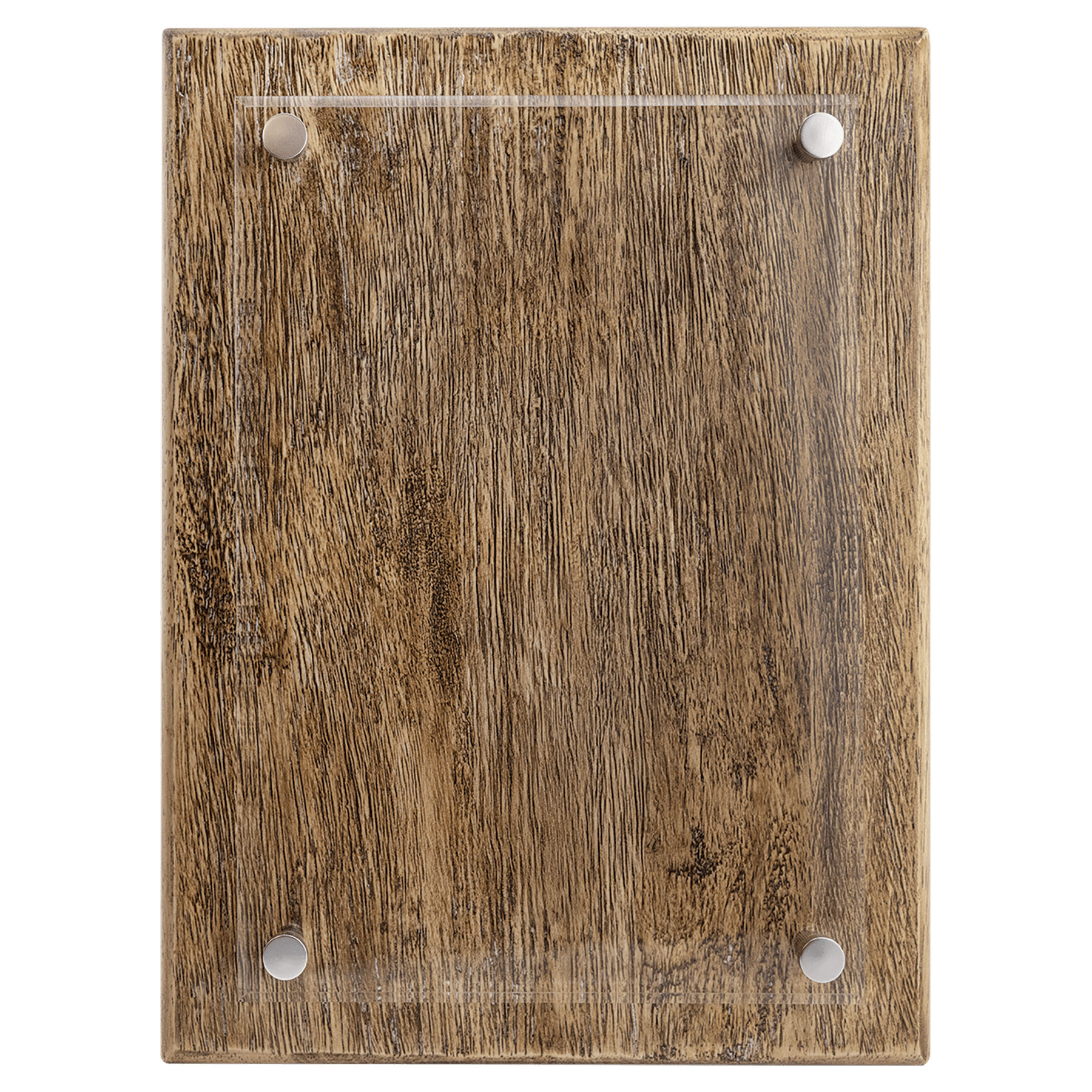 Wooden plaque with glass front and metal fasteners on a white background