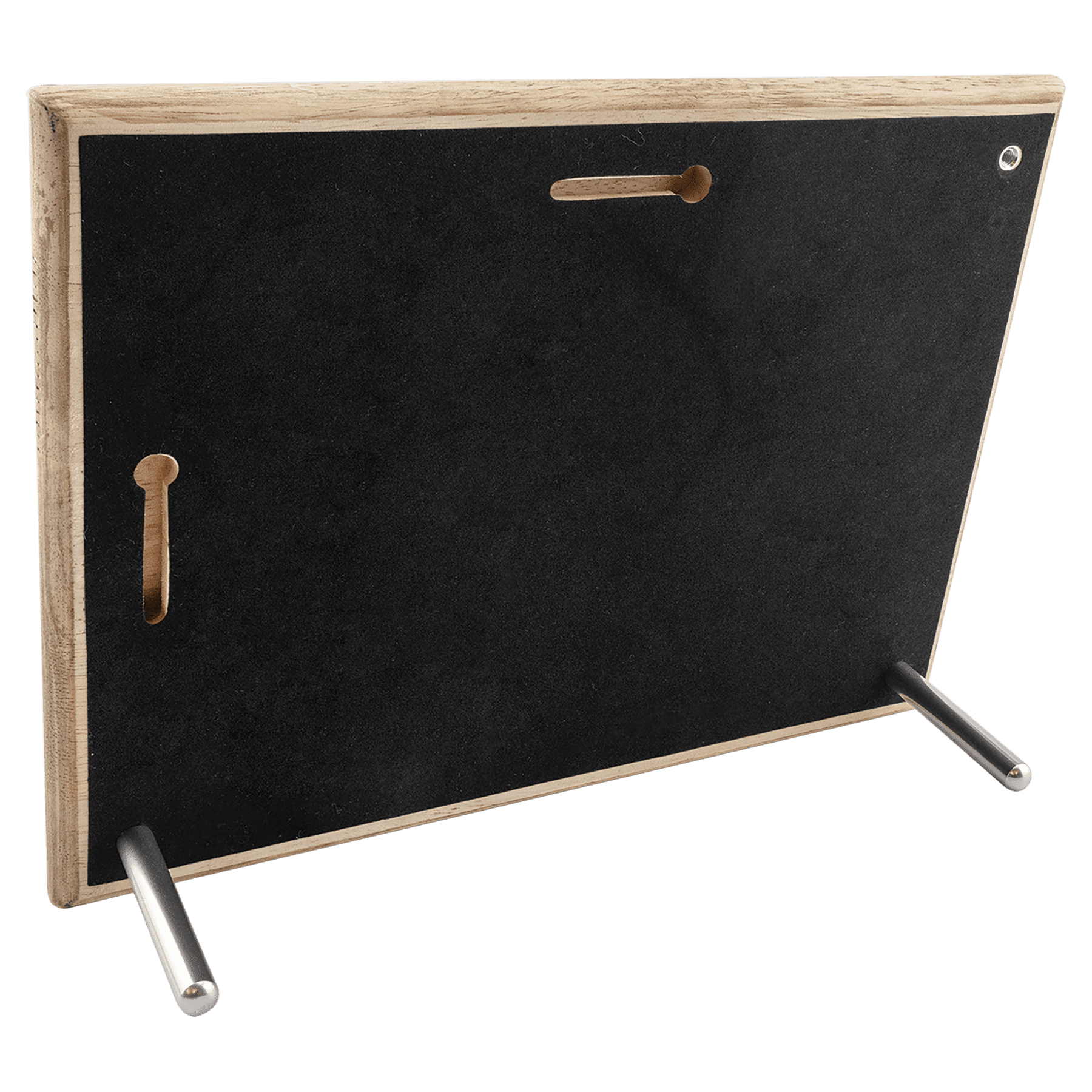 Blackboard with wooden frame and metal legs on a transparent background