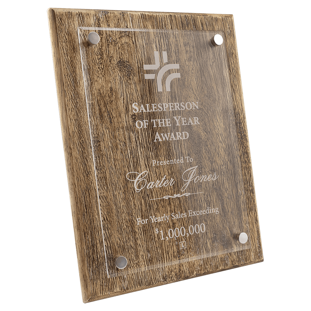 Wooden plaque with 'Salesperson of the Year Award' engraved on a green background 8" x 10" size
