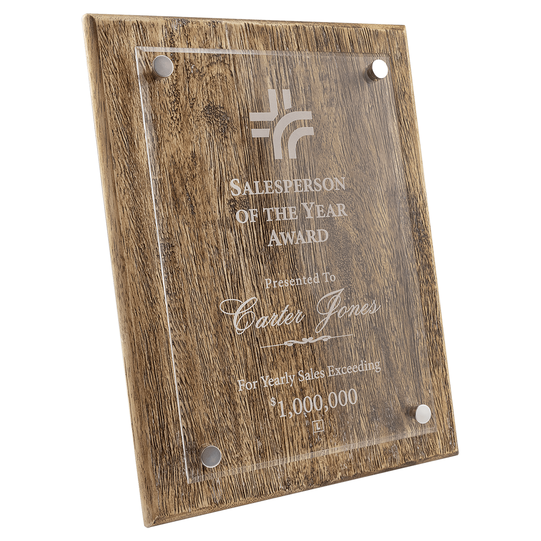 Wooden plaque with 'Salesperson of the Year Award' engraved on a green background 8" x 10" size