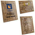 Three wooden plaque awards with engraved text on a white background
