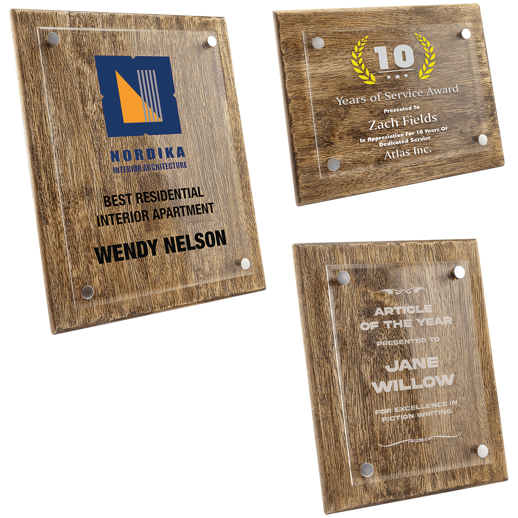 Three wooden plaque awards with engraved text on a white background