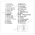 Font style sample chart with thirty lettering options and five decorative line designs for custom printing and signage.