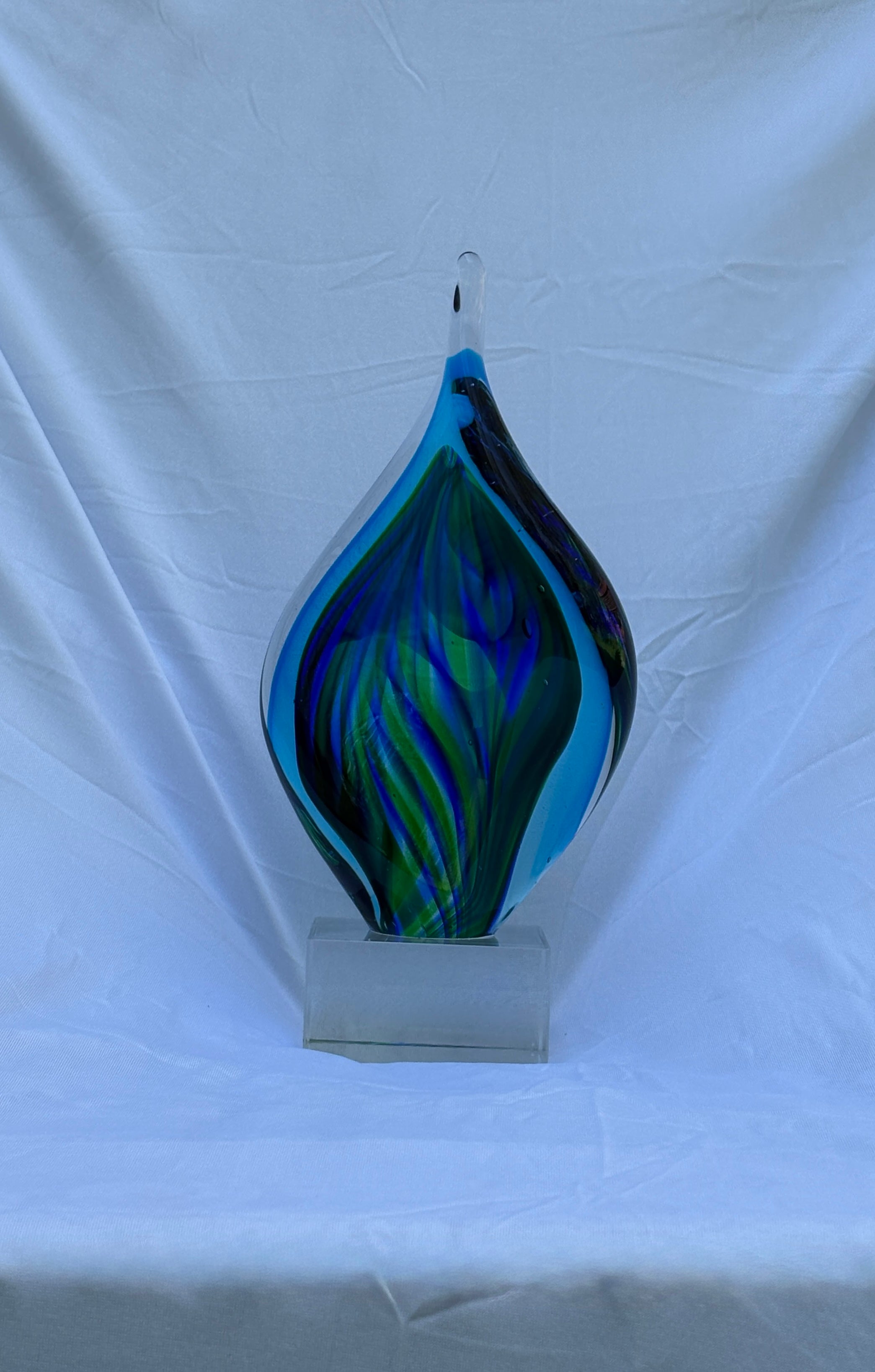 8 3/4" Blue and Green Twist Art Glass on Clear Glass Base