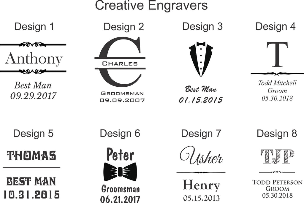 Eight custom engraving design templates for wedding party gifts, featuring names, dates, titles, and decorative graphics.