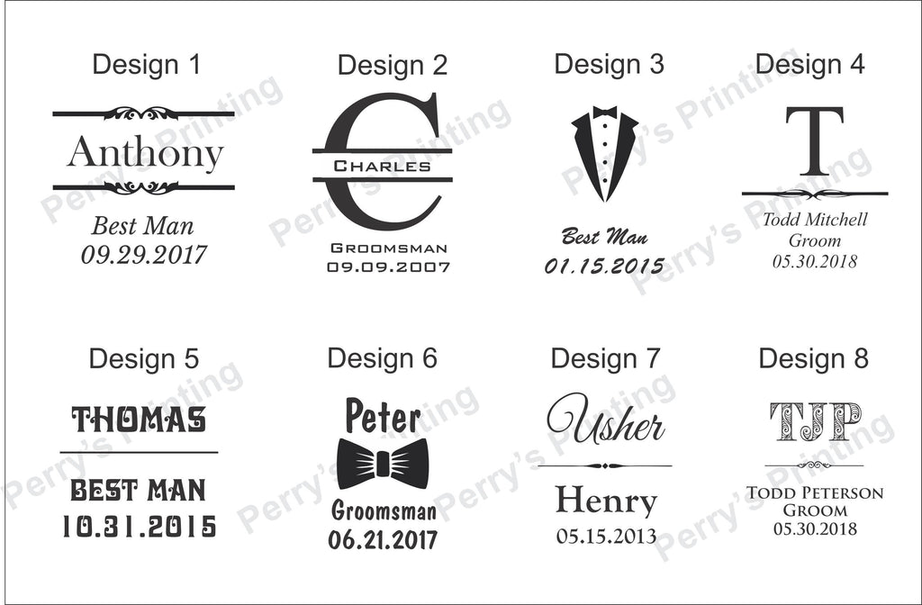 Eight black and white wedding name tag design templates with groom and best man titles.