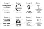 Eight black and white wedding name tag design templates with groom and best man titles.