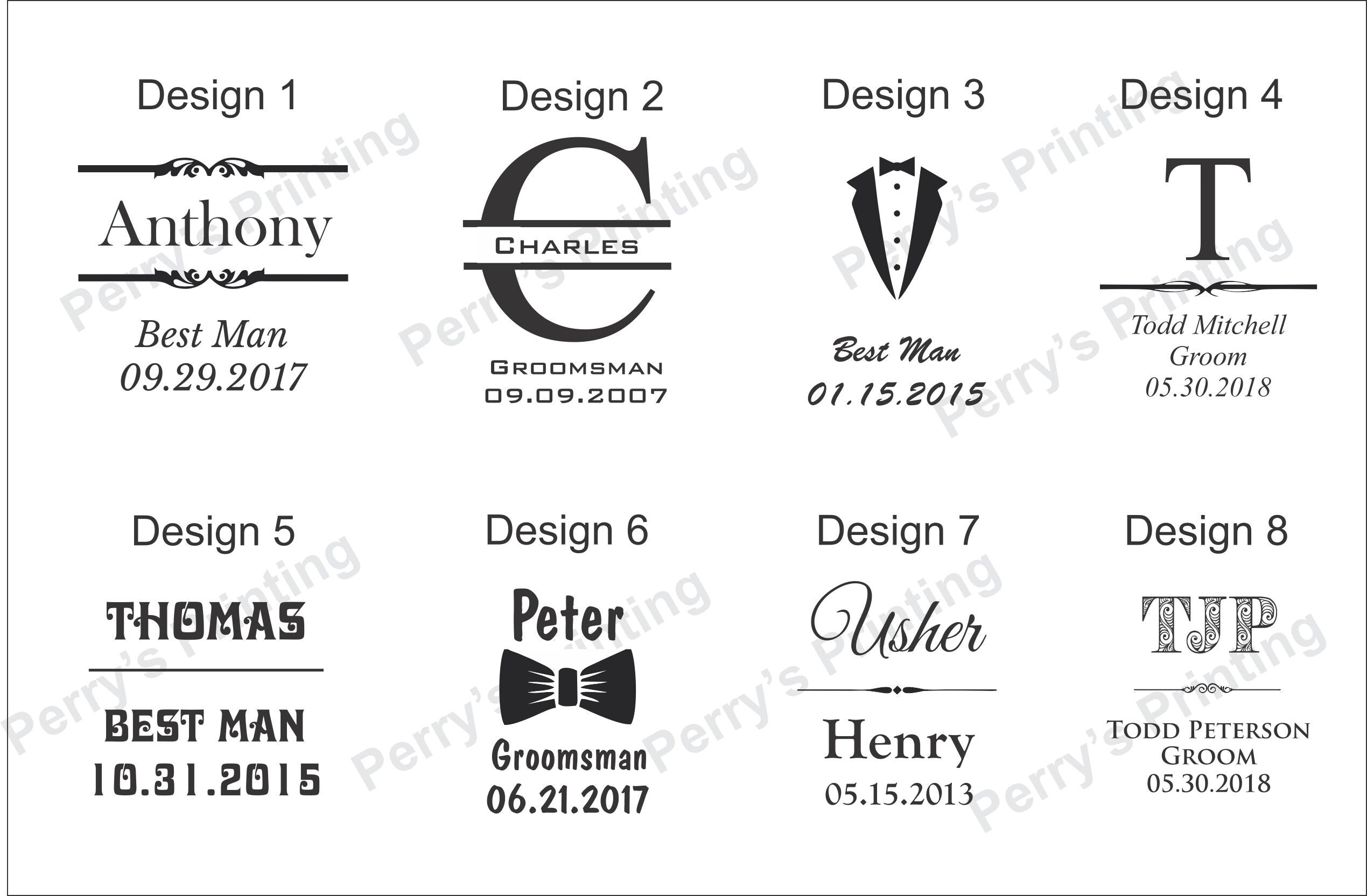 Eight black and white wedding name tag design templates with groom and best man titles.