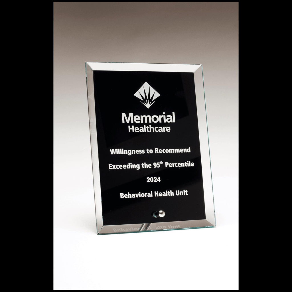 Custom glass award plaque with engraved Memorial Healthcare logo and recognition text.
