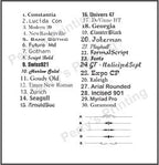 Font sample sheet displaying 30 different typefaces and 6 decorative line styles for engraving or printing.