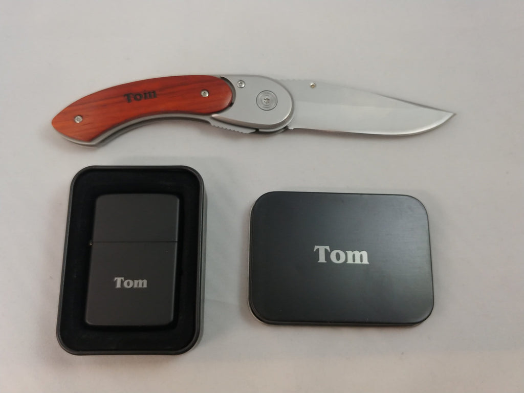 Personalized engraved folding knife with wood handle and custom engraved lighter in a gift box