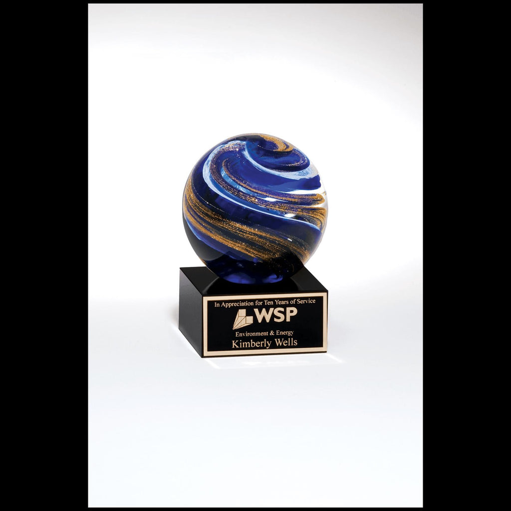 Blue and gold glass award globe with custom engraved plaque for years of service