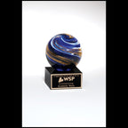 Blue and gold glass award globe with custom engraved plaque for years of service