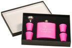 Pink flask gift set with four cups and funnel in black gift box, customized engraving visible.