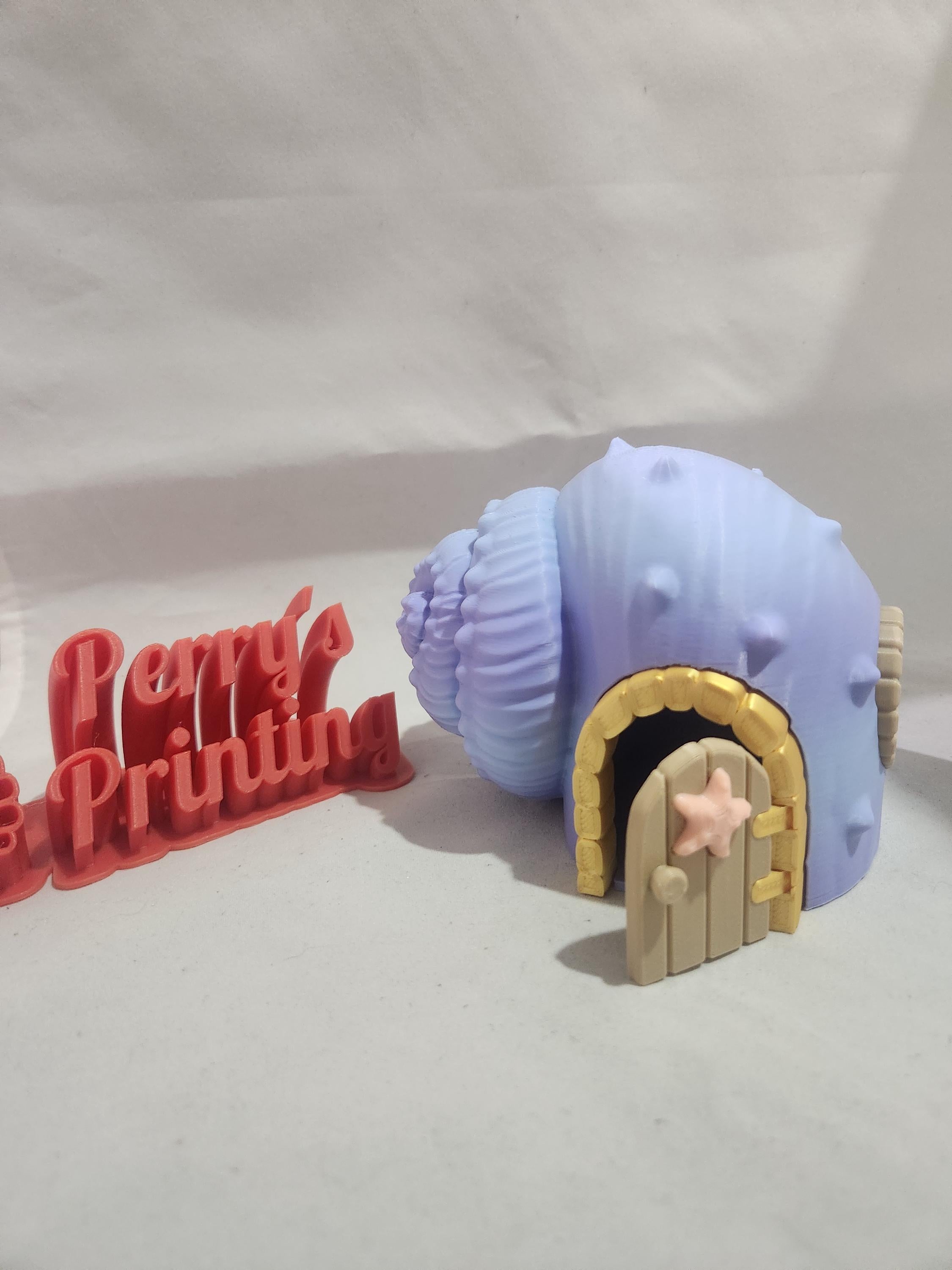 3D printed pastel seashell house with starfish door and red Perry's Printing sign