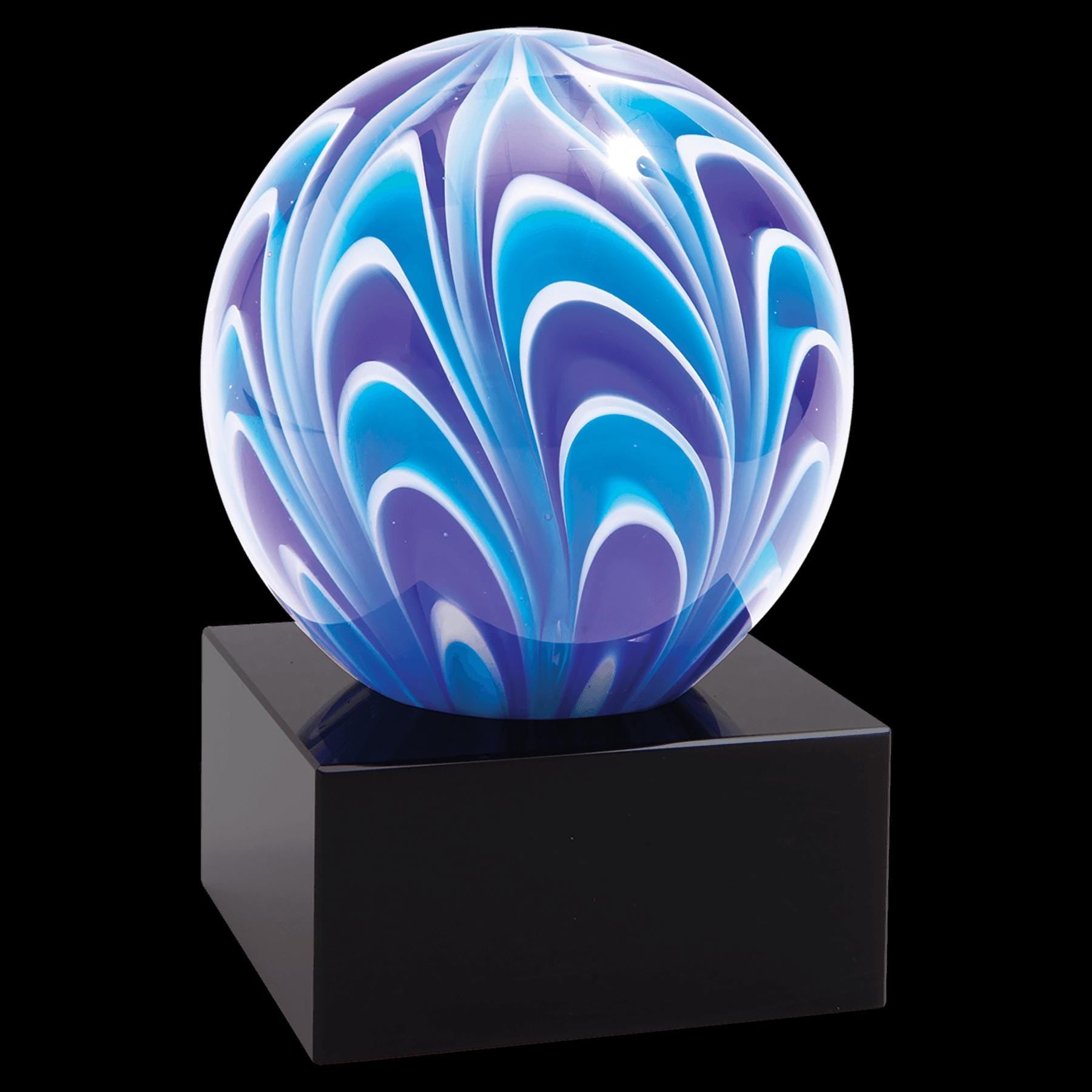 Blue and purple glass art award sphere with abstract pattern on black base