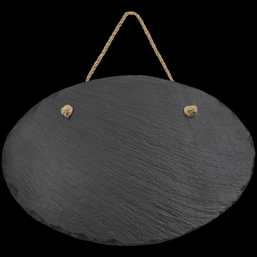 Blank oval slate sign with rope hanger, ideal for custom engraving or personalized signage