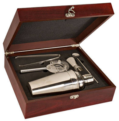 Stainless steel cocktail shaker set with bar tools in a wooden presentation box