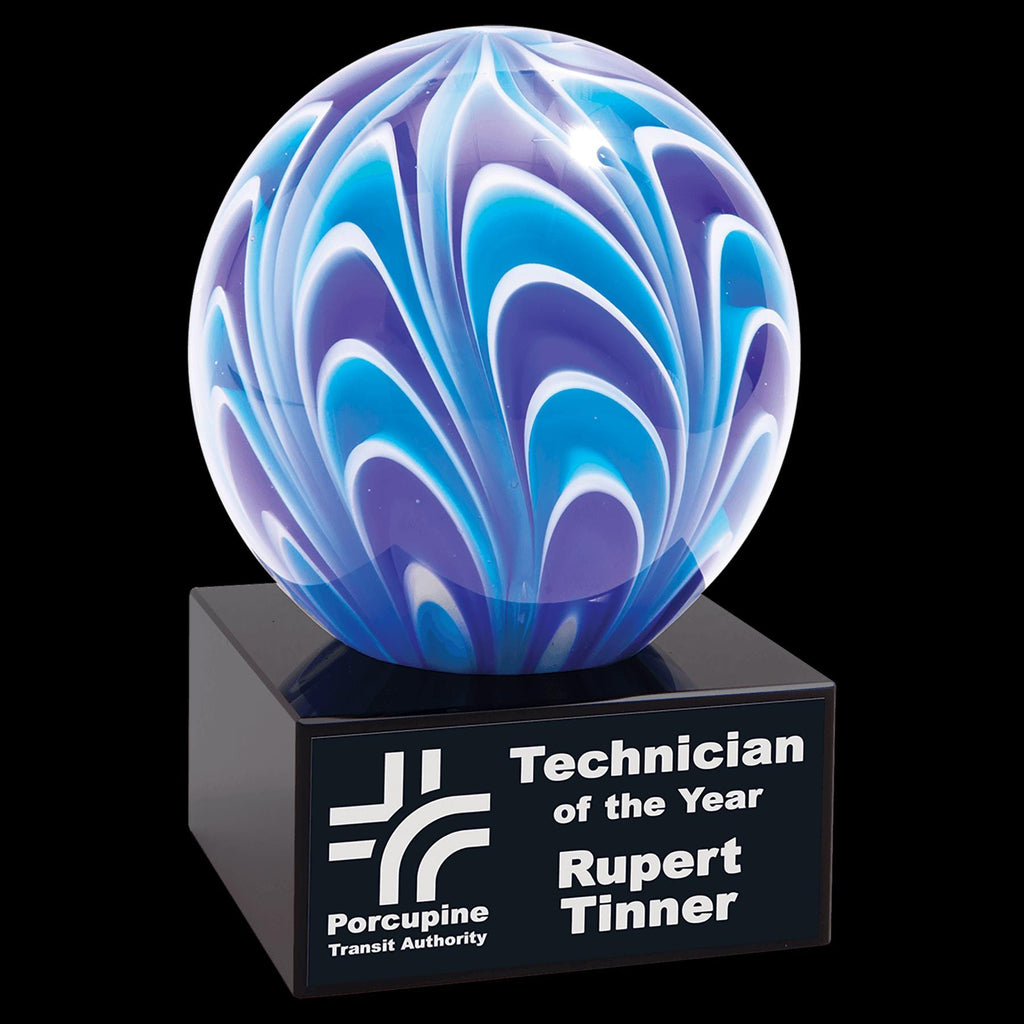 Blue and purple glass award with engraved plaque for Technician of the Year