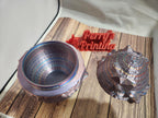Colorful 3D printed geode box open on wood surface with red Perry's Printing sign