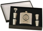 Personalized stainless steel flask gift set with engraving, funnel, and four shot glasses in box