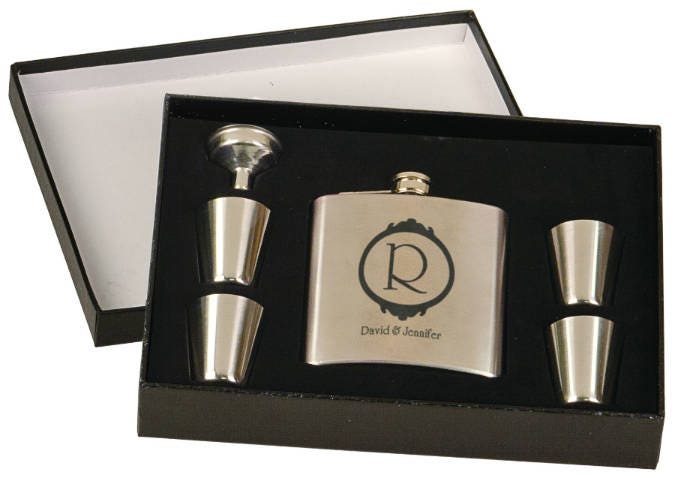 Personalized stainless steel flask gift set with engraving, funnel, and four shot glasses in box